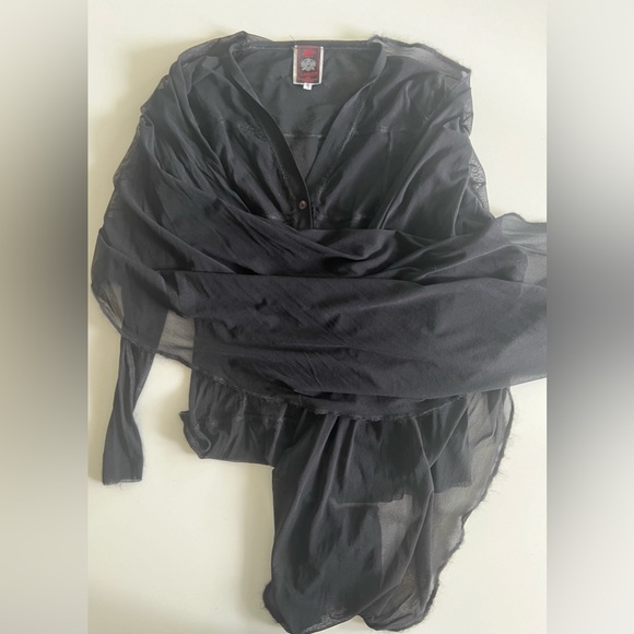 Jean Paul Gaultier mesh button front top wool trimming attached scarf 1990s SM - Picture 6 of 16